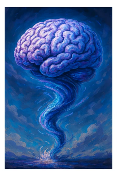 A tornado shaped like a brain, blending the forms to create a unique brainstormer symbol, with a sense of movement and creativity. sticker
