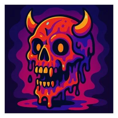 a stylized melting devil skull, vibrant and surreal sticker
