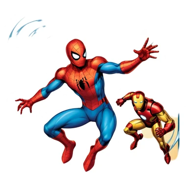 Icon for Vintage Comics and Manga: an open comic book with retro Marvel-style artwork, featuring iconic superheroes like Spider-Man and Iron Man, with action lines. The icon should capture the dynamic and colorful nature of classic comics and manga. Transparent background. sticker