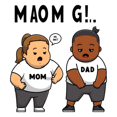A fat short guy in a black hoodie with a ponytail is crying. Behind him are two black men, one wearing a white t-shirt with "MOM" text, the other wearing a white t-shirt with "DAD" text. sticker