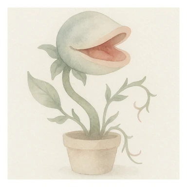 Audrey II, the carnivorous carnivorous plant from Little Shop of Horrors, watercolor illustration style sticker