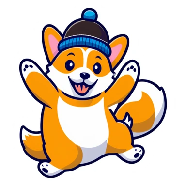 jumping corgi dog with a cute hat sticker
