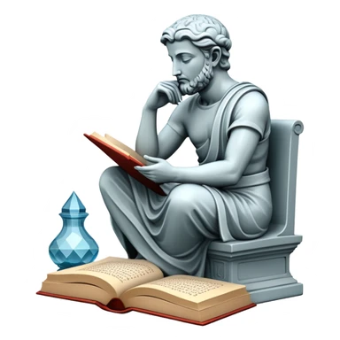 An icon featuring a thinker statue, a scroll, symbolizing philosophy. The design includes books and abstract symbols representing deep thought and wisdom. Transparent background highlights the study of ideas, logic, and existential questions sticker