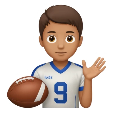 a boy having a football ball next to his hand wearing a football jersey sticker