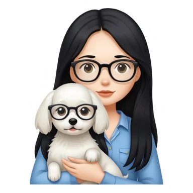 A girl with long black hair and glasses holding a white dog sticker