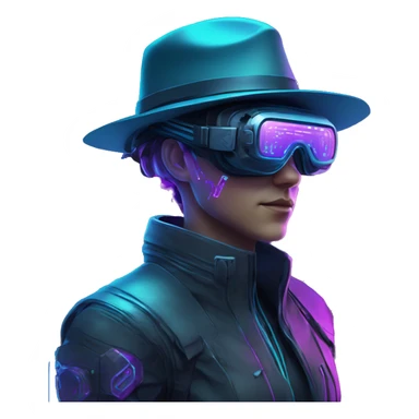 Secret human agent in a hat with  cyberpunk elements in VR googles scanning looking reviewing multicolor lines of code, cyan and purple colors, only upper body portrait sticker