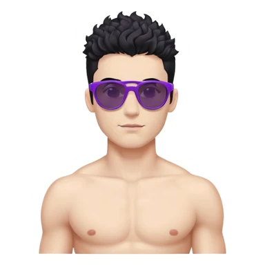 shirtless male athlete with white skin and moderately curly black hair on top with shaved sides, wearing purple sunglasses with black tinted lenses sticker
