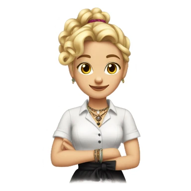 Waitress with white shirt and black apron, curly blonde hair in a pony tail, hazel eyes, lots of bohemian jewelry and bracelets  sticker