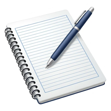 Front-facing notebook icon with a pen on the right side, minimal line-art, clean modern style, perfectly straight angle (no tilt), simple outlines, slightly 3D, no background, transparent, “documenting / journaling / tracking progress sticker