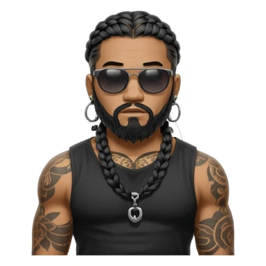 Samoan male. Beard chin.
Untucked loose fitting black t-shirt. 
long black braided hair.
very muscular.
Even More tattoos. 
Tough and menacing.
Dark black square sunglasses. sticker