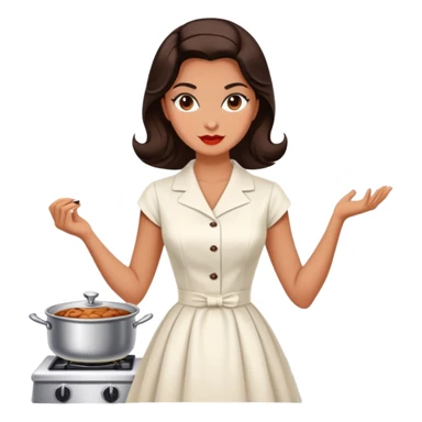 Beautiful woman in 1950’s woman fashion look, white dress, long dark brown hair, cooking sticker