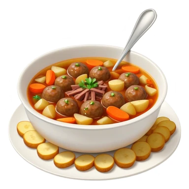Mongolian meatball soup with sliced beef, carrots, and fried potatoes. sticker