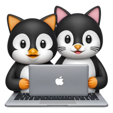 a penguin and a cat typing together on a laptop, emoji style sticker