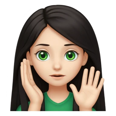 Animated girl dark long hair green eyes emoji with duh facial expression ,one hand on top of her head sticker