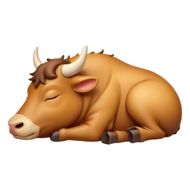 Meme-Worthy Cute Sleeping Domestic Ox Portrait Emoji, Head resting peacefully with a contented smile, showcasing a massive, sturdy build and a luxuriously soft hide, eyes gently closed in serene, restful slumber, Simplified yet hilariously adorable features, highly detailed, glowing with a soft, drowsy natural light, high shine, relaxed and utterly lovable, stylized with an air of playful laziness, soft glowing outline, capturing the essence of a sleeping ox that feels destined to become the next viral sensation of adorable rest! sticker