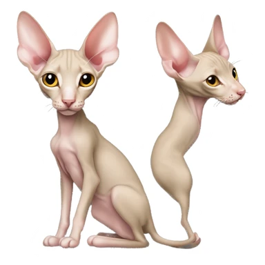 “Realistická Peterbald mačka s nahou kožou, veľké uši, sfarbenie v siamskom štýle (svetlé telo s tmavšími končekmi labiek, uší a chvosta), svetlo modré oči, detailný a emocionálny vzhľad.”  sticker