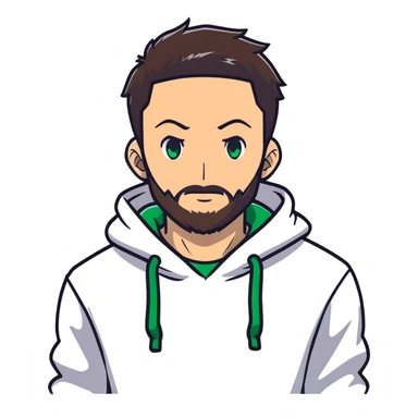 anime style man with short full beard, dark brown undercut hairstyle, white hoodie, and green eyes sticker