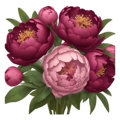 Big bouquet of burgundy peonies with a bow sticker