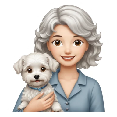 silver, short, wavy-haired with loose curls, smiling pretty lady holding westie dog and lhasa apso dog sticker
