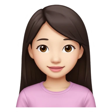 Asian girl, 17, light skin, long dark brown straight hair, big brown eyes, soft pink lips, smiling like an emoji, cute and friendly look, white simple top, portrait from head to chest, white background. sticker