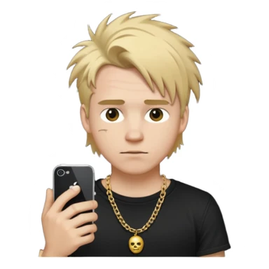 make a iphone emoji who is a white man that looks young with messy blonde medium hair with a black punk shirt and a golden neckless sticker