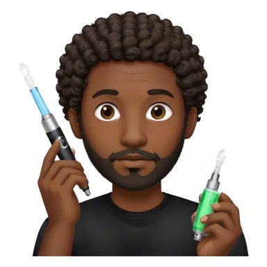dark black guy, short curly hair, facial hair, holding vape, black shirt  sticker