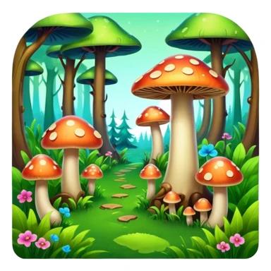 A stylized fantasy forest with glowing mushrooms and colorful tree sticker