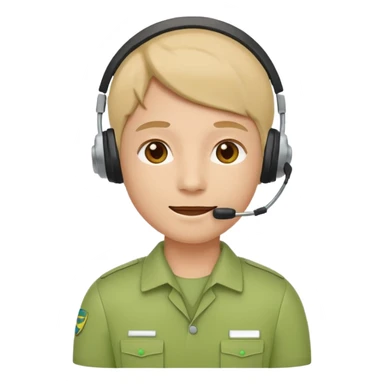 A modern flat emoji depicting a call center employee wearing a light green uniform and headset, with a friendly expression, a minimalist design, bright colors, and a white or transparent background. sticker