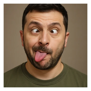 Vladimir Zelensky, photorealistic, emoji style, making a playful silly face sticker
