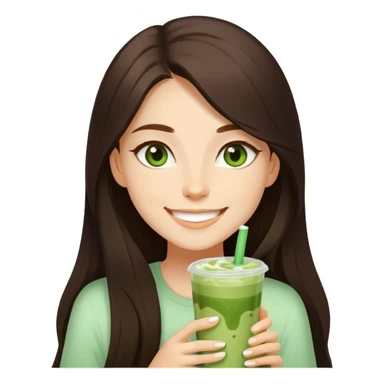 Girl with dark brown long hair and green eyes drinking iced matcha latte. She’s happy  sticker