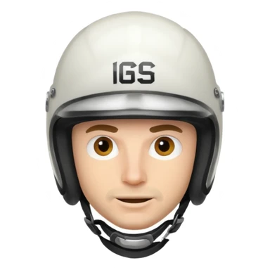 white male racer in helmet, crazy look sticker