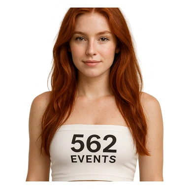 realistic woman with long red hair, wearing a white tube top labeled '562 Events' sticker