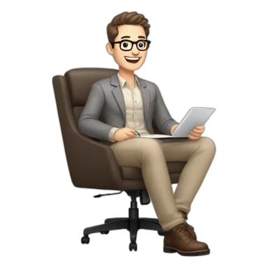 Joyful Celebrating victory Pale skinned Fit Man With dark brown hair in gray jacket, beige office shirt, Brown pants and vintage glasses sitting In a soft chair with a notebook and a pen sticker