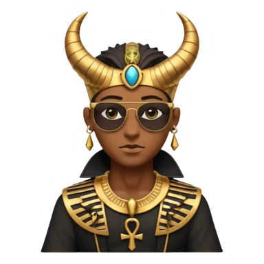 3D cartoon horned character portrait, wearing sunglasses, gothic ancient Egyptian style, pharaoh collar, dark gold and black outfit, ankh symbols, Egyptian jewelry, mysterious expression, soft dramatic lighting, centered, clean background, no text, no watermark sticker