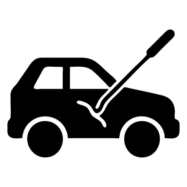 minimalist matte black car icon with a visible dent and a subtle rod or hook tool touching the dent, fine silver lines for contrast, focus on dent repair sticker