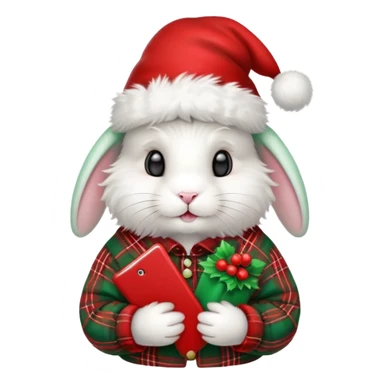 fluffy white angora rabbit wearing red and green plaid Christmas hat held in hands sticker