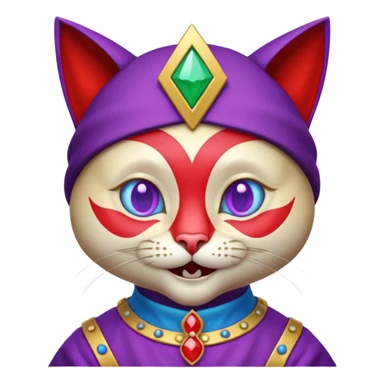 crazy colorful cute little cat jolly joker from poker, medieval, vintage, court jester, mac os icon, purple, gold and red color, half body, blue ice eyes. Squared shape as 3D mac os icon, symmetrical sticker