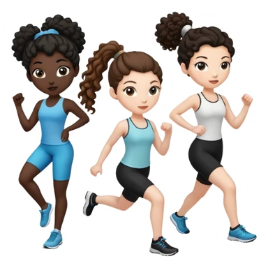 3 women exercising. The woman on the left has pale white skin and curly brown hair in a ponytail. The woman in the middle has black skin and curly black hair. The woman on the right has pale white skin and straight, brown hair in a ponytail. sticker