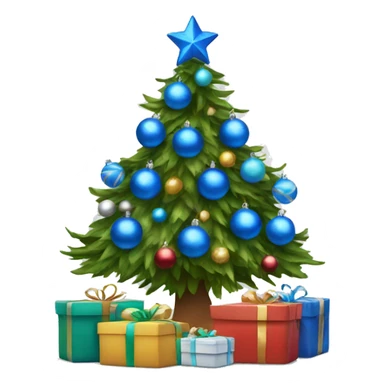 Christmas tree with blue ornaments, lights and with gifts wrap under the tree sticker
