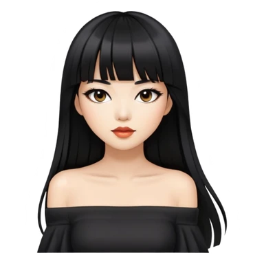 fashionable woman with Asian skin tone, long straight black hair with straight bangs, black off-shoulder outfit, and stylish makeup sticker