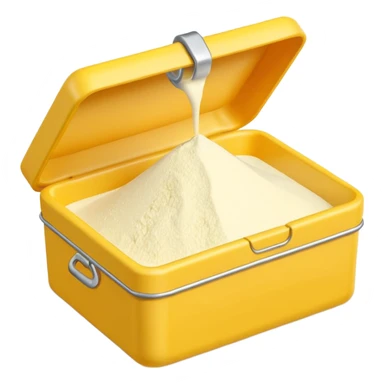 cornstarch in tin or box, simple lid, open, fine white powder inside, clean minimal yellow or neutral container, no branding, no spoon, no faces, clean 3D style, soft shadows, transparent background, emoji scale sticker