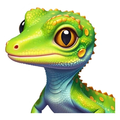 cinematic-cute-realistic gecko-portrait-emoji,-head-tilted-playfully-and-inquisitively,-featuring-a-small,-charming-body-with-smooth,-vividly-patterned-scales,-bright,-sparkling-eyes-and-delicate,-sticky-toe-pads,-simplified-yet-irresistibly-adorable sticker