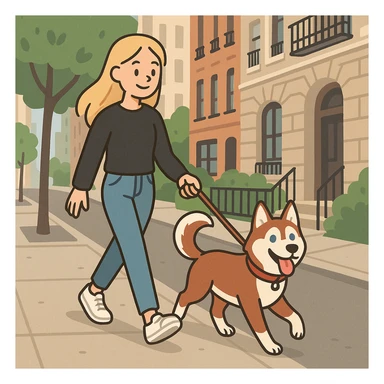 Cute Blonde woman wearing a black sweater and jeans and white sneakers walking a happy red-brown blue-eyed Siberian husky in New York City on an upper east side city sidewalk, flat toon style  sticker