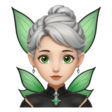 Haz un emoji de una chica con piel blanca ojos marrones y verdes nariz puntiaguda orejas de fae labios finos pelo plateado con un recogido y ropa de cuero negra sticker