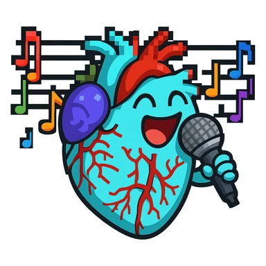 Add a microphone to the cute anatomical heart singing joyfully in pixel art style, keep the pixel art look and no background. sticker