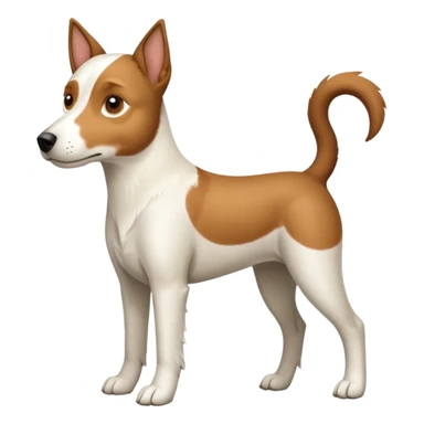 a full body white parson russell looking dog the size of a kelpie with light brown ears and a light brown patch on one eye and a large snout sticker