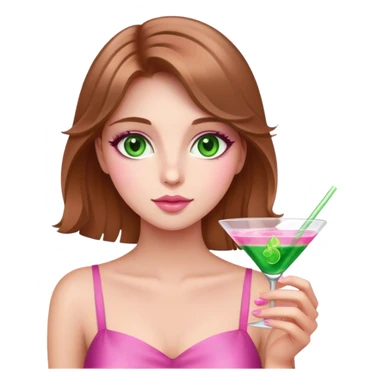 green eyes light brown hair white girl holding a pink cosmo sticker