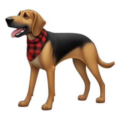 adult 75% Coonhound 25% German Shepherd mix dog with visible tail wearing small pointed red buffalo plaid bandana full body walking left quickly sticker