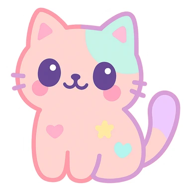{
  "style_description": {
    "overall_look": "Cute, minimal, and soft with a friendly and playful tone",
    "material_simulation": {
      "primary_material": "flat digital color",
      "texture_detail": "smooth surfaces with no texture or shading",
      "pattern": "none or very simple decorative accents (e.g., hearts, stars)"
    },
    "geometry": {
      "edge_style": "rounded, soft curves with no sharp angles",
      "dimensionality": "flat two-dimensional appearance with simple shapes"
    },
    "color_palette": {
      "scheme": "pastel and light tones",
      "preferred_colors": ["pink", "mint", "lavender", "baby blue", "peach"],
      "contrast": "low contrast with bright accents"
    },
    "facial_features": {
      "eyes": "large, sparkly, often oval or circular",
      "mouth": "small, often a simple curve or dot",
      "expression": "joyful, innocent, or calm"
    },
    "lighting": {
      "type": "none or implied with soft highlights",
      "purpose": "maintain a clean and cheerful look"
    },
    "render_constraints": {
      "avoid": ["realistic shading", "high detail", "dark themes", "texture noise"],
      "focus_on": ["cute expression", "iconic simplicity", "emotional warmth"]
    },
    "background": {
      "color": "white or soft pastel",
      "style": "plain or patterned with simple icons (e.g., polka dots, stars)",
      "lighting_consistency": "no shadows, evenly lit feel"
    }
  }
}

{subject} = cat sticker