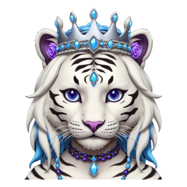 ESO Female white/black tiger khajiit leader of the umbral rose, glowing blue eyes, glowing blue 'third eye' gem, black beaded dreadlocks; silver crown/tiara with purple gems sticker